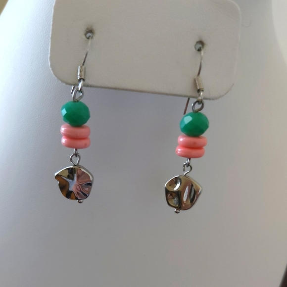Pink and Green Beaded Silver Disc Earrings - Picture 2 of 6